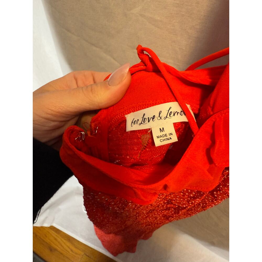 For Love and Lemons Leila Long Midi Dress Red Lace Side Slit Sheer Ruffles M - Picture 6 of 8